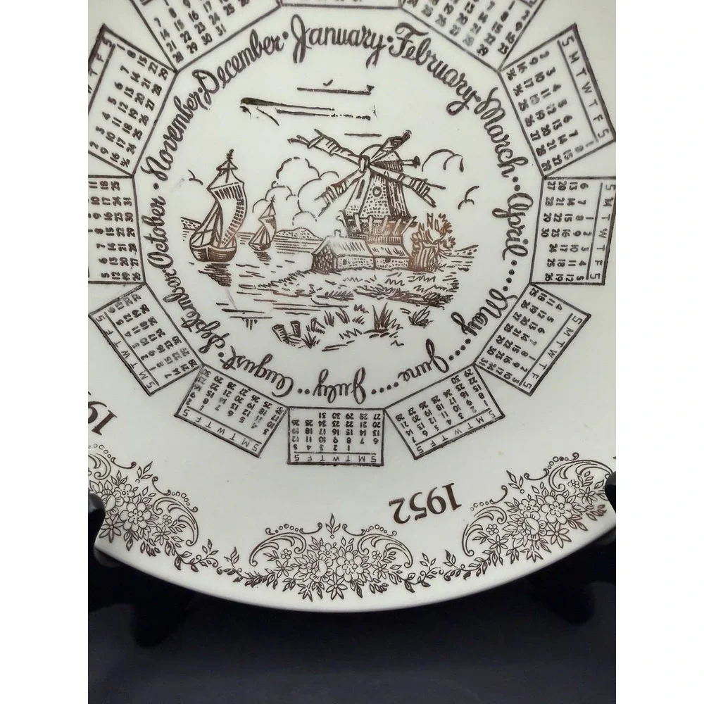 Vintage 1952 Calendar Plate Windmill Sailing Ships Brown Transferware 10
